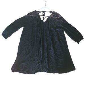 Umgee Women's black Boho Mini Dress Tunic Lace Shoulder Size L Flowy Peasant Top